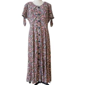Vintage Jamie Brooke earthy button front, floral, tie back maxi dress. Large